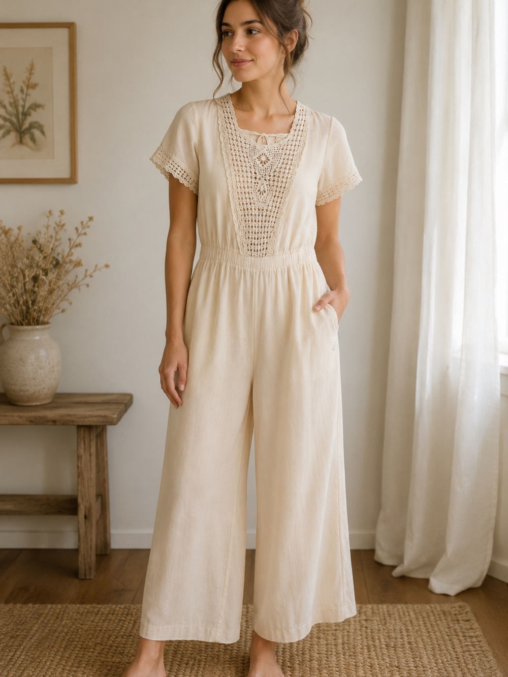 LOVE SHACK FANCY JUMPSUIT crochet accents Cotton tassels exposed back